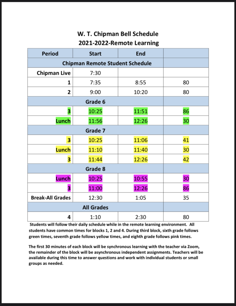 Remote Learning Schedule W.T. Chipman Middle