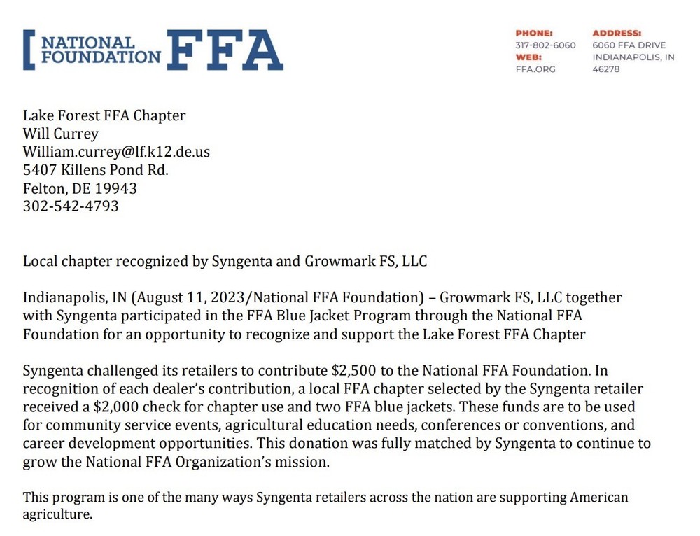 LFHS FFA recognized by Syngenta and Growmark FS, LLC